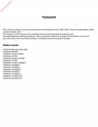 1997-2002 Yamaha Mountain Max 600,MM700,V-Max SX600,SX700,Venture VT600,VT700,V-Max VX600ER, VX600SX,VX700SX,VX700SXS,VX700XT, VX700XTC,VX700XTCD,VX700XTCP service manual Preview image 3