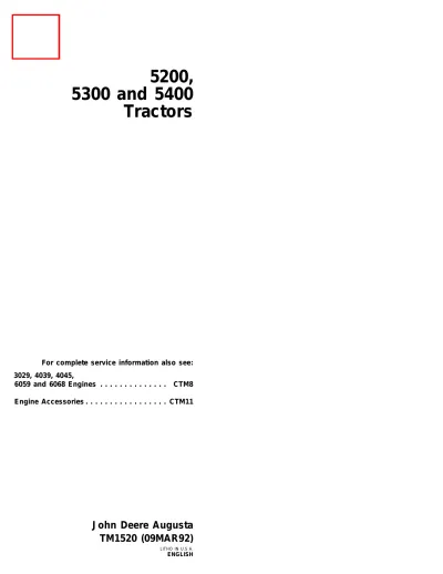John Deere 5200, 5300, 5400 Tractor Technical Manual (P/N TM1520)