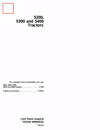 John Deere 5200, 5300, 5400 Utility tractor technical manual Preview image 1