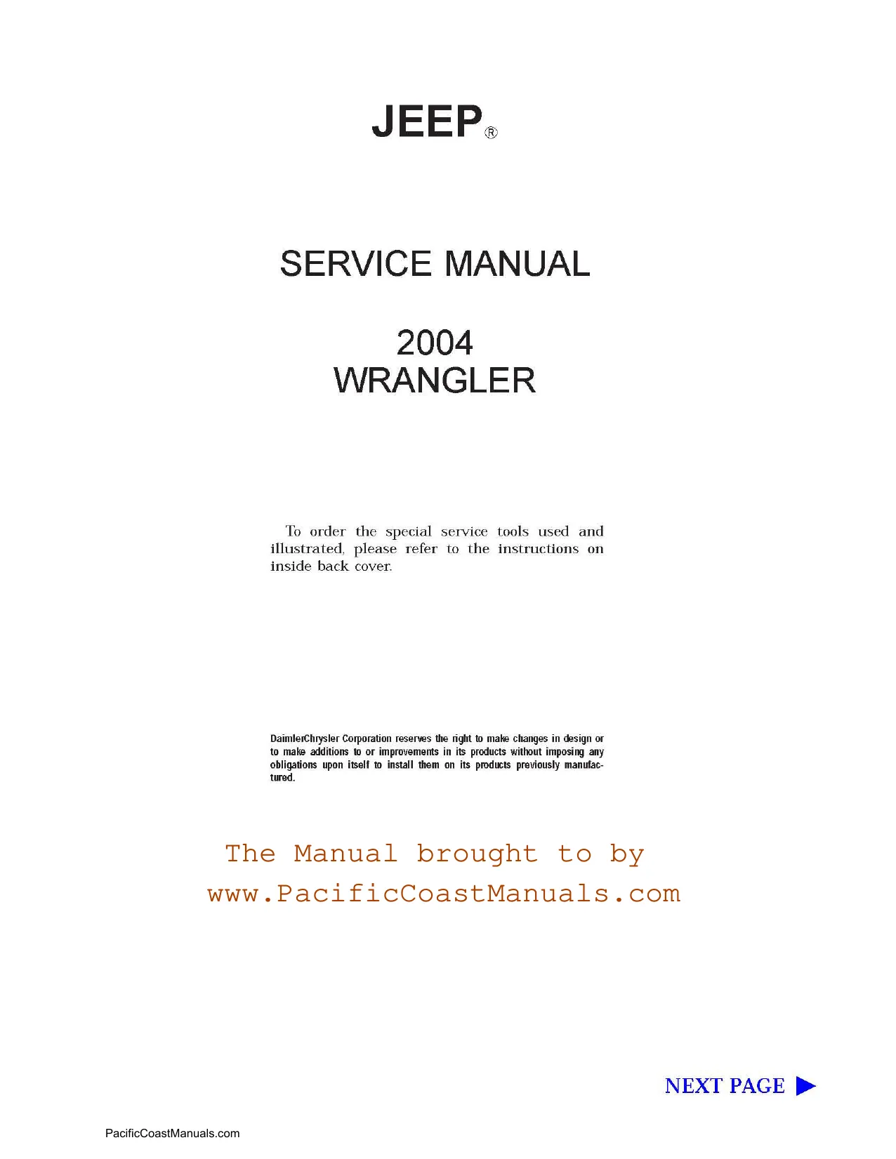 2004 Jeep Wrangler TJ,  TJ SE, X, Sahara, Sport & Rubicon shop manual Preview image 1