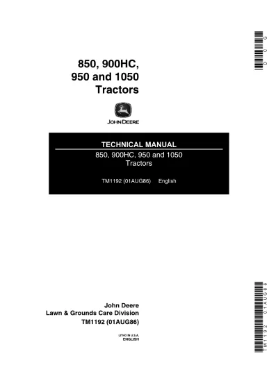 John Deere 850, 900HC, 950, 1050 Tractor 1977–1986 Technical Manual (P/N TM1192)