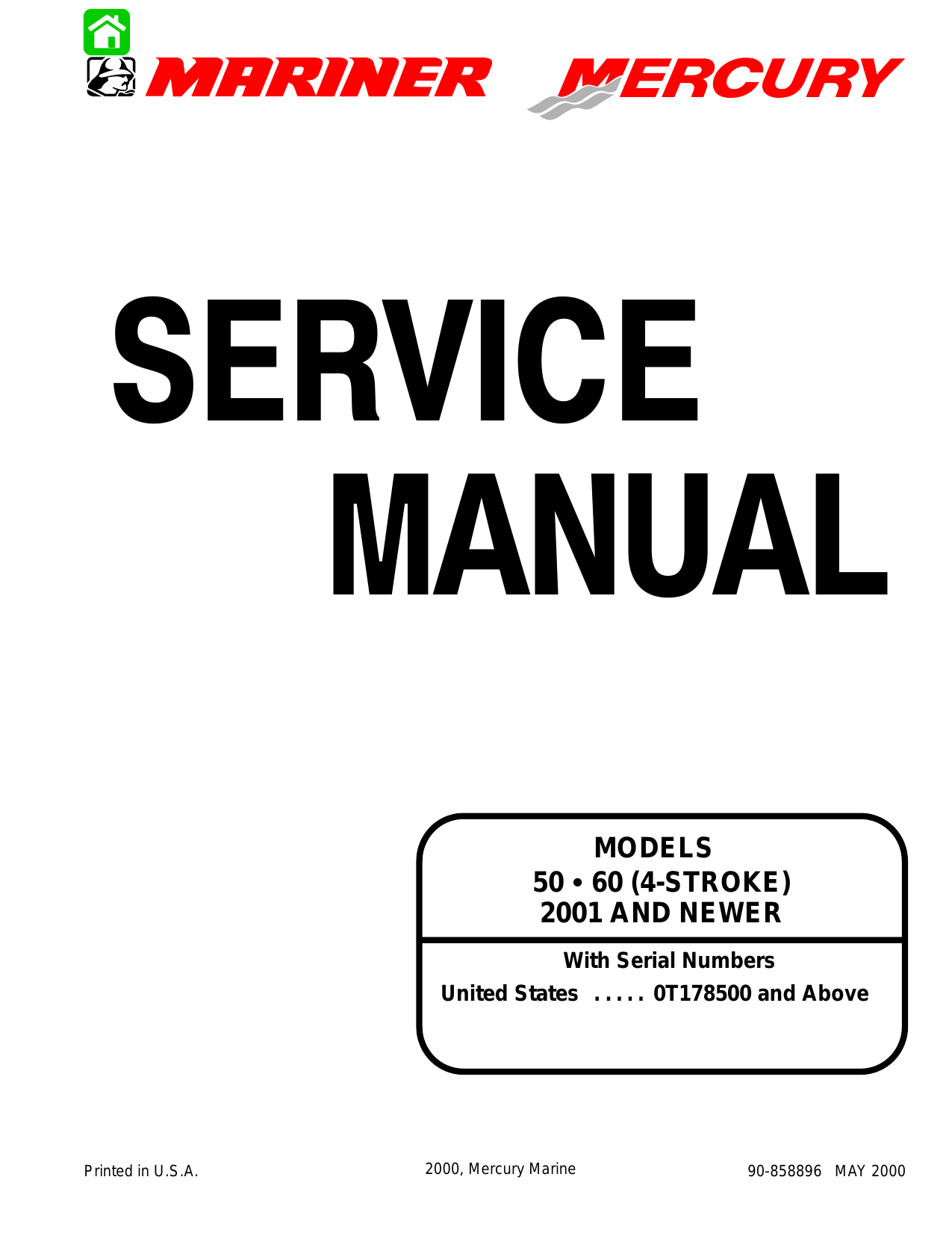 2001 (and newer) Mercury Mariner 50 hp, 60 hp 4-stroke outboard motor service manual Preview image 1