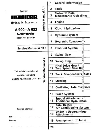 Liebherr A900, A902, A912, A922, A932 Litronic hydraulic excavator manual Preview image 1