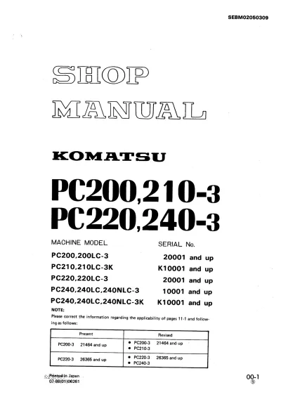 Preview: 1995–2008 Komatsu PC200, PC210-3, PC220, PC240-3 Excavator Service & Repair Manual (P/N SEBM02050309)