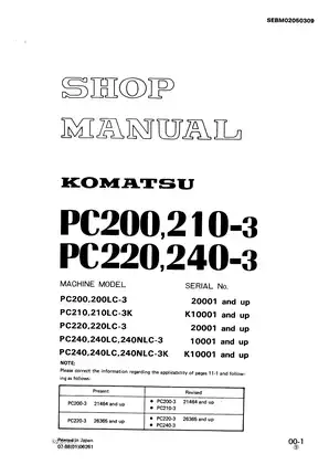 Komatsu PC200, PC210-3, PC220, PC240-3 excavator shop manual Preview image 1