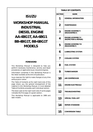 Isuzu Industrial Diesel Engine Workshop Manual - Models AA-4BG1T and BB-4BG1T Preview image 2