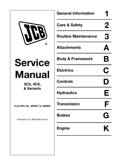 Preview: JCB 3CX & 4CX Backhoe Loader Service Manual, SN 400001 - 460000 (P/N 9803/3260)