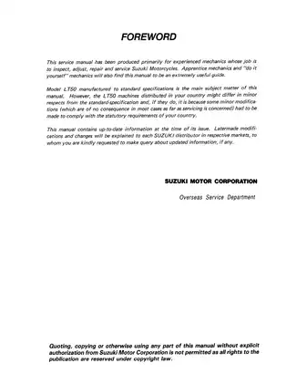 Comprehensive Service Manual for Suzuki LT50 Motorcycle (1985-2001) Preview image 2