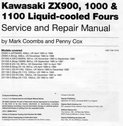 1983-1997 Kawasaki ZX900, ZX1000, ZX1100 Ninja service and repair manual