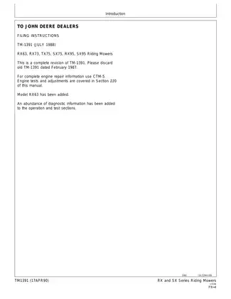 John Deere RX and SX Series Riding Mowers Technical Manual - TM1391 (JUN-88) Preview image 3