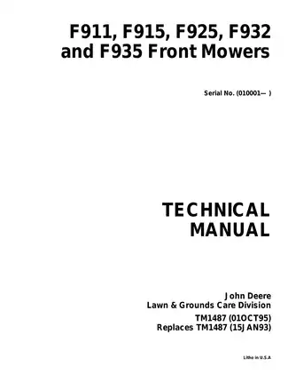 John Deere F900 Series Front Mowers Technical Manual (TM1487)
