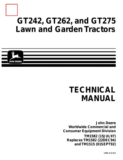 Preview: John Deere GT242, GT262, GT275 Lawn and Garden Tractors Technical Manual (P/N TM1582)