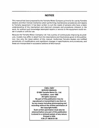 Yamaha C40U & C40V Outboard Motor Service Manual (1996 Edition) Preview image 2