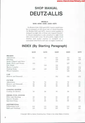 Deutz-Allis Tractor Service Manual for Models 6240, 6250, 6260, 6265, and 6275