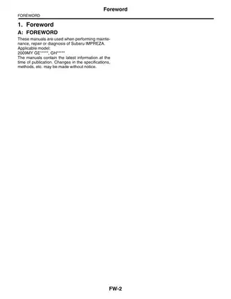 Subaru Impreza 2009 MY Service Manual: Maintenance & Repair Guide