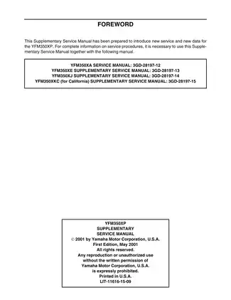 Yamaha YFM350XP Supplementary Service Manual Preview image 2