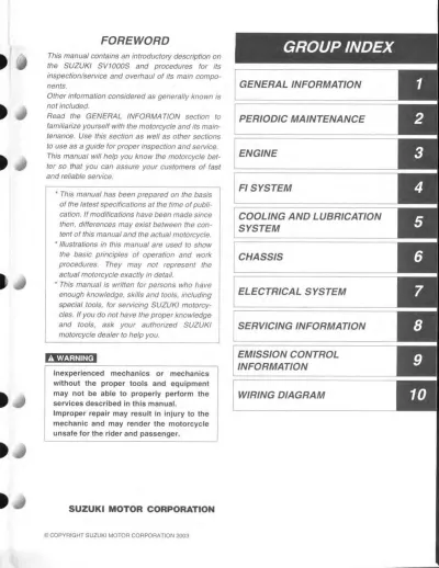Preview: Suzuki SV1000S, SV1000SD, and SV1000SF 2003 Factory Service Manual (P/N 99500-39250-03E)