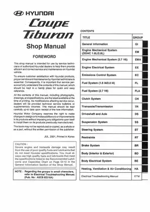 2000-2003 Hyundai Tiburon shop manual Preview image 1