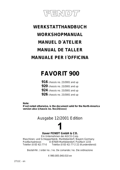 Preview: 2001 Fendt Tractor Favorit 900 Series Factory Workshop Manual (P/N X 990.005.040.010 en)