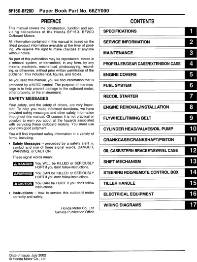 Preview: Honda BF15D and BF20D Outboard Motor Service Manual 2002 (P/N 66ZY000)