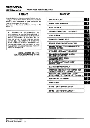 Honda Mariner BF35A, 45A BF40A, 50A outboard motor manual Preview image 1