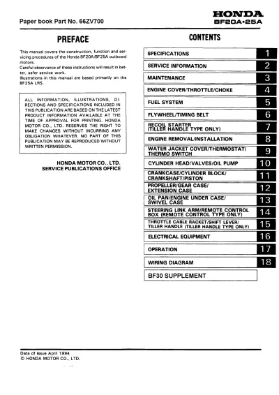 Preview: 1994 Honda BF20A/BF25A Outboard Motor Service Manual (P/N 66ZV700)