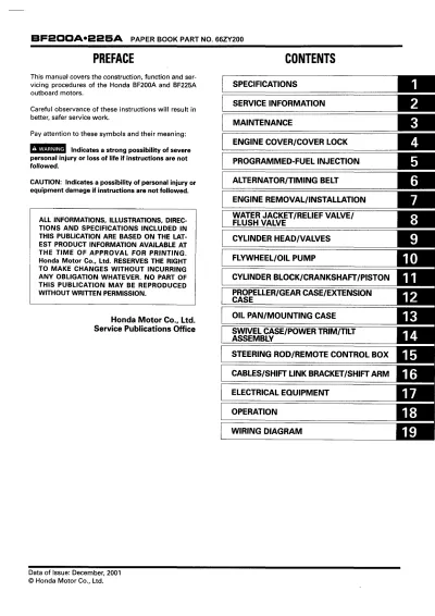 Preview: 2001 Honda BF200A/BF225A Outboard Motor Service Manual (P/N 66ZY200)