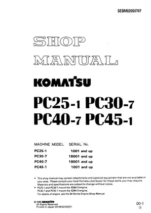 1988-2000 Komatsu™ PC25-1, PC30-7, PC40-7, PC45-1 mini excavator shop manual Preview image 1