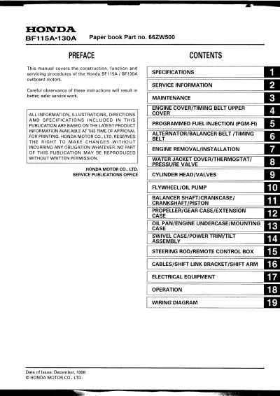 Preview: Honda BF115A / BF130A Outboard Motor 1998 Repair Manual (P/N 66ZW500)