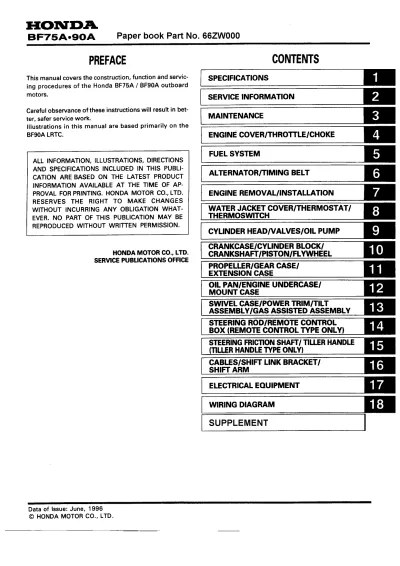 1996 Honda BF75A / BF90A Outboard Motor Service Manual OEM (P/N 66ZW000) – preview page 1