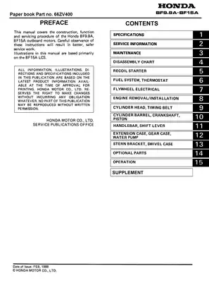 Honda BF9.9A & BF15A Outboard Motor Service Manual