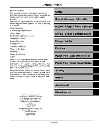 John Deere Scotts Lawn Tractor Technical Manual for Models L1642, L17.542, L2048, L2548 (2002) Preview image 3