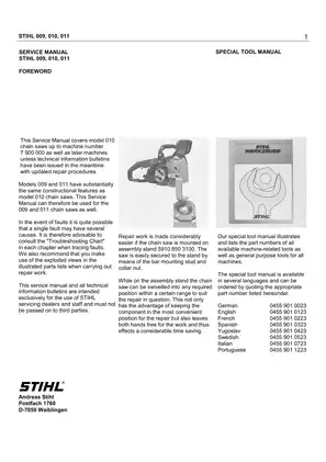 Stihl 009, 010, 011, 012 chain saw parts list service manual