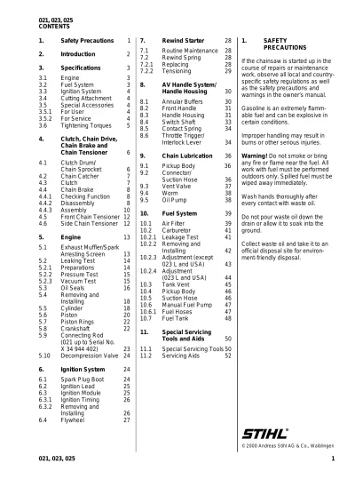 Preview: STIHL 021, 023, 025 Chainsaw Service & Repair Manual (P/N 1123 020 1219)