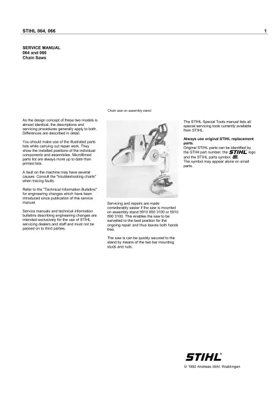 Preview: Stihl 064/066 Chainsaw 1992–1993 Service Manual (P/N 1122 064 0602)