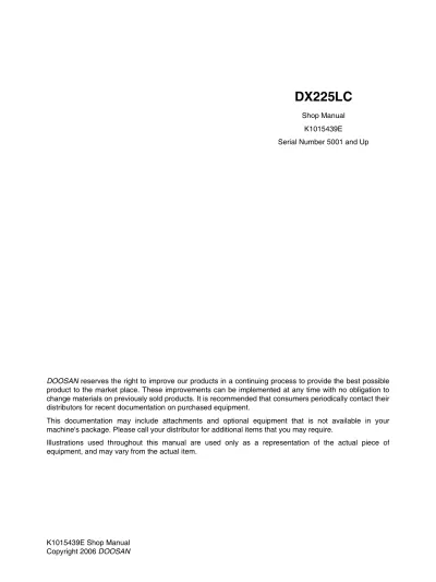 Preview: 2006–Up Doosan DX225LC, DX225NLC, DX300LC, and DX340LC Hydraulic Excavator Shop Manual (P/N K1015439E)