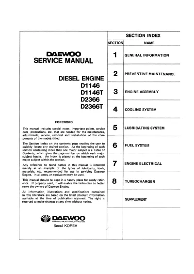 Preview: Daewoo D1146, D1146T, D2366, D2366T Diesel Engine Service Manual