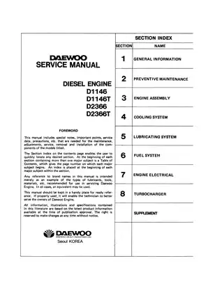 Daewoo Diesel Engine Service Manual - D1146, D1146T, D2366, D2366T
