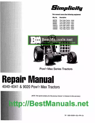 Comprehensive Repair Manual for Simplicity Pow’r Max Tractors 4040, 4041, and 9020 Preview image 1