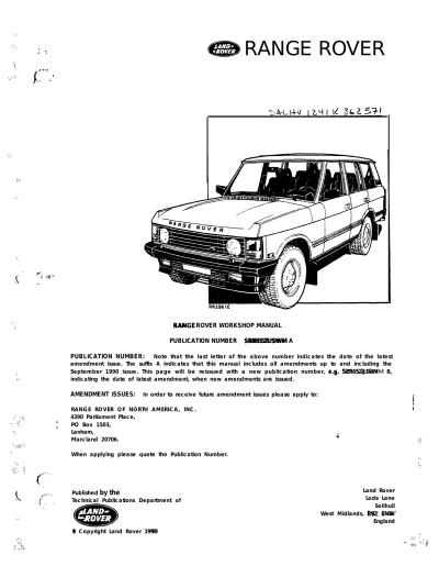 Preview: 1987–1991 Range Rover Classic SUV Workshop Manual (P/N SRR652USWM A)