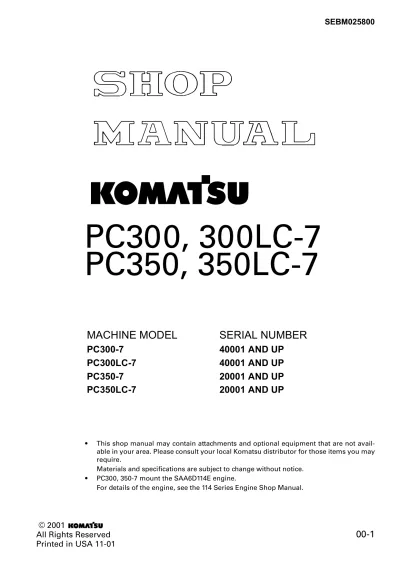 Preview: 2001 Komatsu PC300-7 / PC300LC-7 / PC350-7 / PC350LC-7 Excavator Shop Manual (P/N SEBM025800)