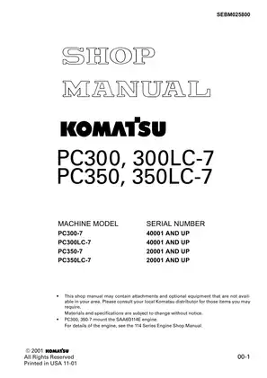 Komatsu™ PC300, 300LC-7, PC350, PC 350LC-7 excavator shop manual Preview image 1