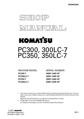 Komatsu™ PC300, 300LC-7, PC350, PC 350LC-7 excavator shop manual