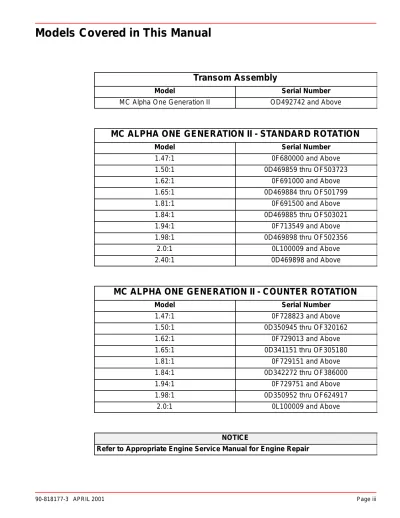 Preview: Mercury MerCruiser Alpha One (Gen II), Bravo I, II, III, 3.0L, V6 & V8 Sterndrive Service Manual (P/N 90-818177-3)