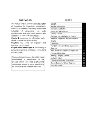 CFMOTO CF500-3 UTV Service Manual - Maintenance, Troubleshooting & Assembly Guide Preview image 2