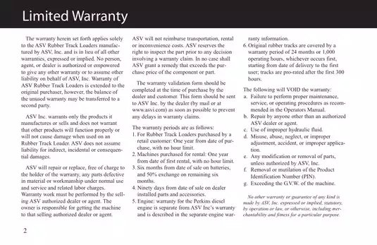 ASV RC-100 Rubber Track Loader manual