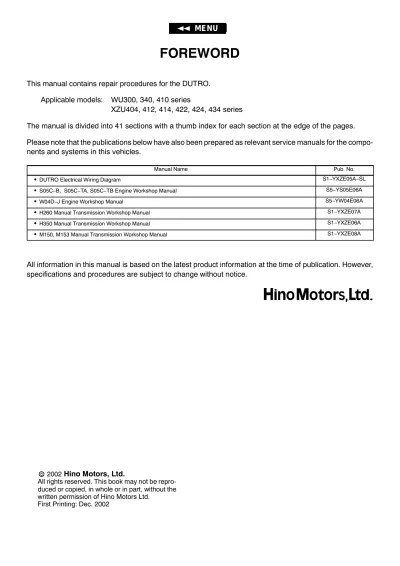 Preview: 1996–2004 Toyota Hino 15B-FTE DUTRO WU300/WU340/WU410 OEM Manual