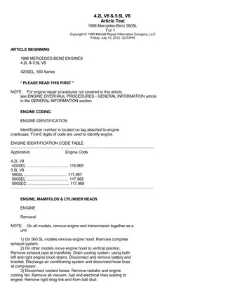 1986 Mercedes 560 SL shop manual