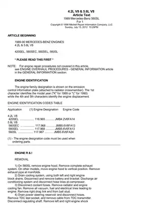 1989 Mercedes 560 SL shop manual Preview image 1