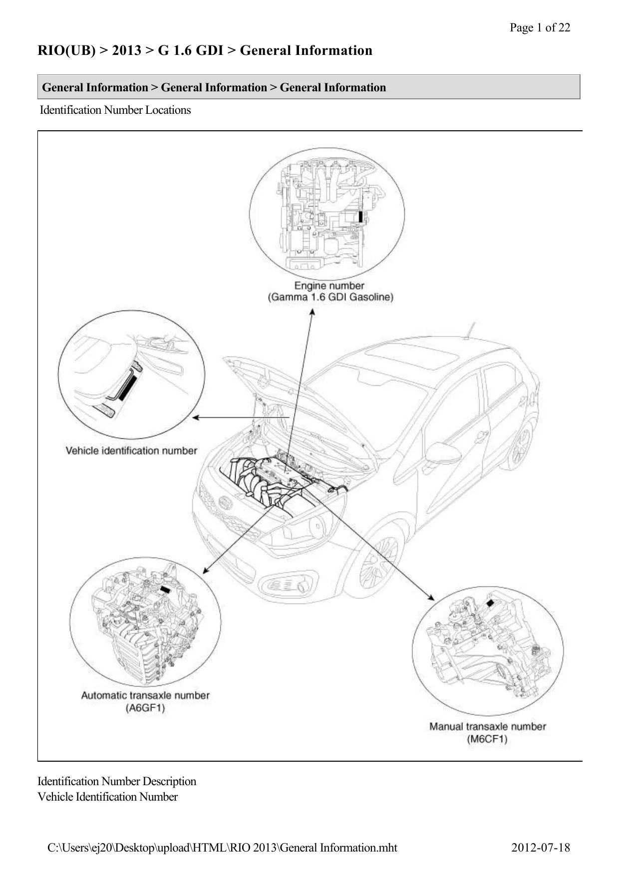 2013 KIA Rio 1.6L GDI, LX, EX, SX repair manual